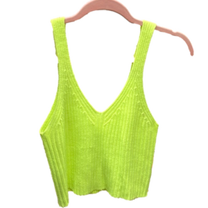Bluenotes Women's Neon Yellow Rib-Knit V-Neck Crop Top Tank Top‎ Size Medium